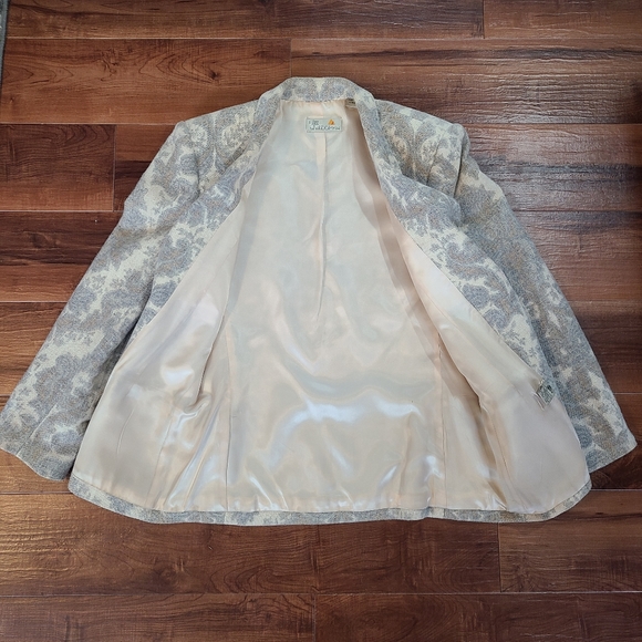 VTG 80 90s Gray Tapestry Damask Paisley Wool Single Button Satin Lined Blazer 10 - Picture 3 of 16